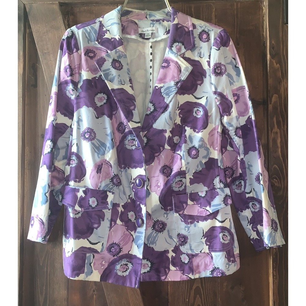 Joan Rivers Floral Blazer Jacket Womens 14 Purple Blue Flowers Cotton Pockets